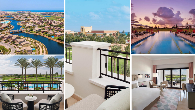 Collage fra Marassi: utsikt over resortet, hotellbalkong mot golfbanen, basseng i solnedgang og hotellrom